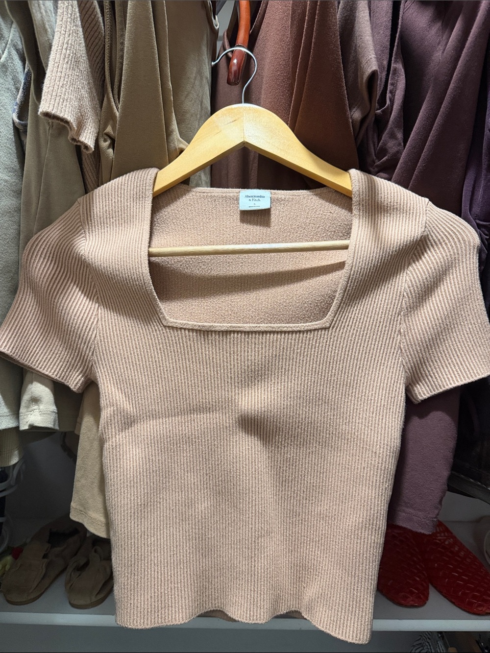 Abercrombie Tan Square Neck Short Sleeve Knit Top Small